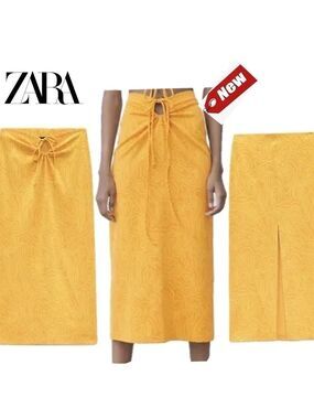 ZARA Womens Orange & Yellow Swirl Midi Skirt With Slit XS NWT.